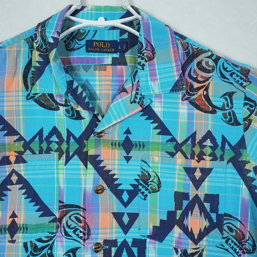 Polo Ralph Lauren Mens Large Turquoise Plaid‎ Haida Tribal Graphic Camp Shirt L